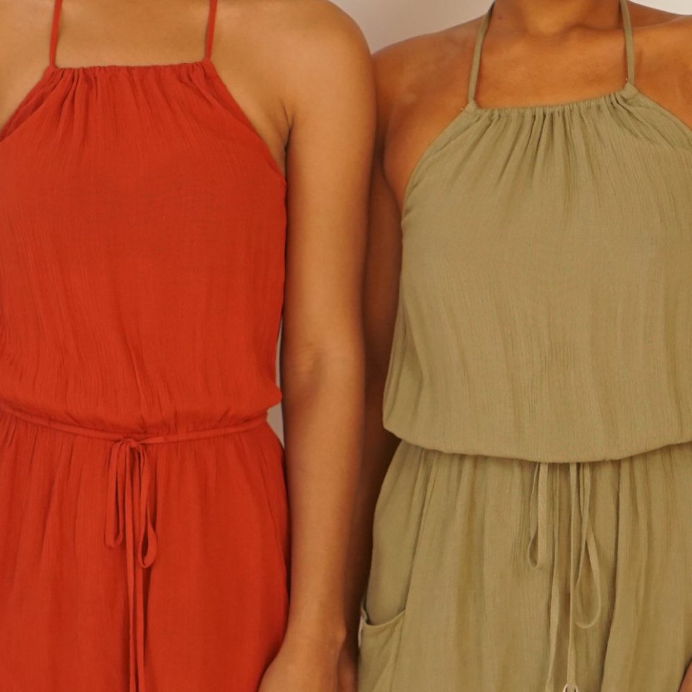 Olive Green Beach Romper Halter with Shells